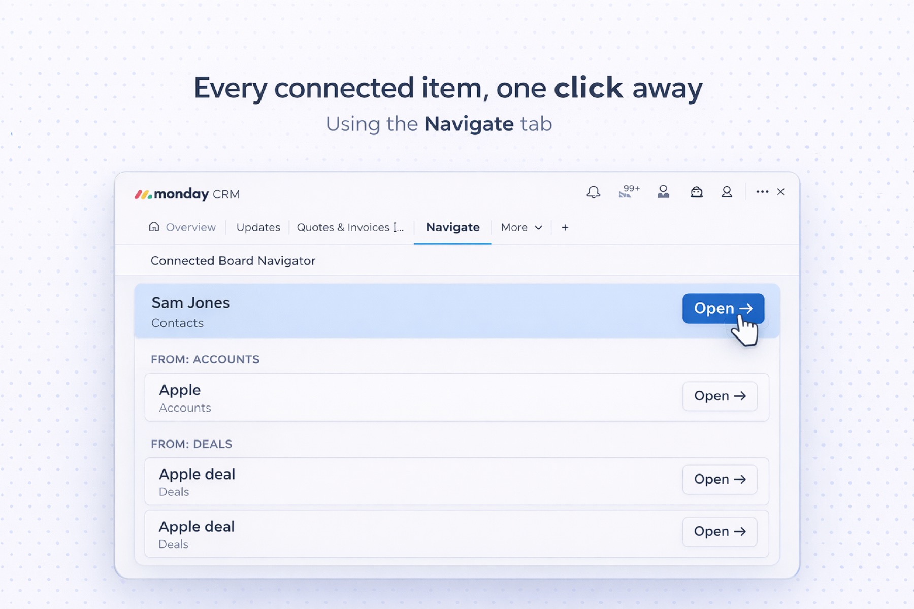 Navigate tab showing connected items grouped by column