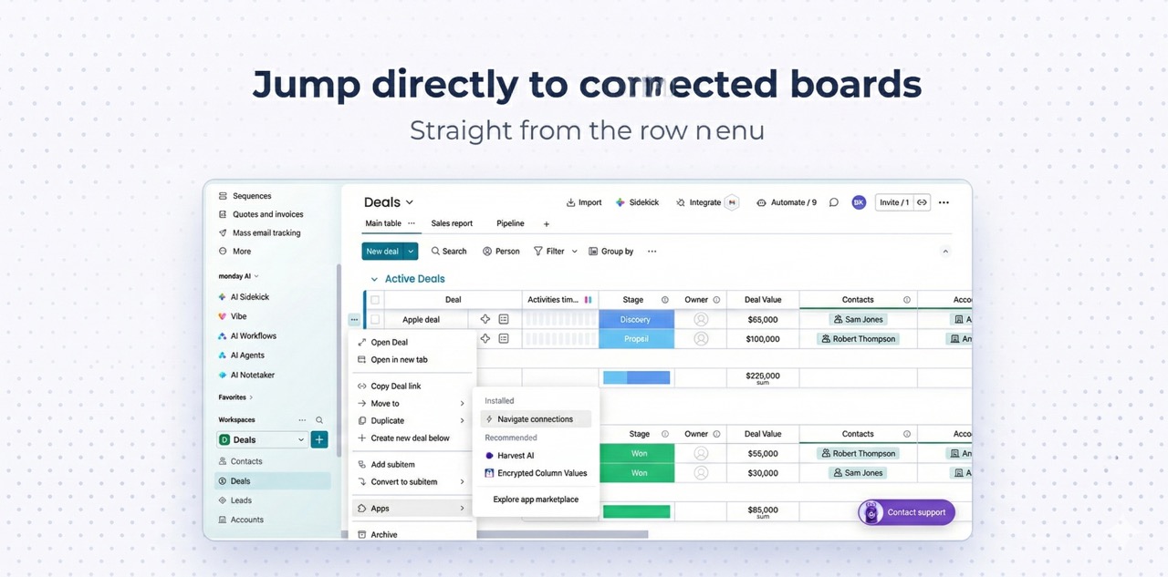 Navigate connections option in the row action menu